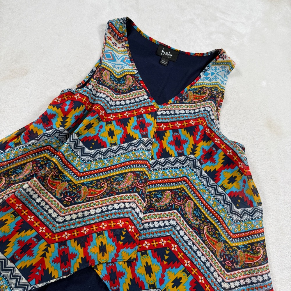 By & By Womens Large Geometric Paisley‎ Print Double Layer Sleeveless Tank Top